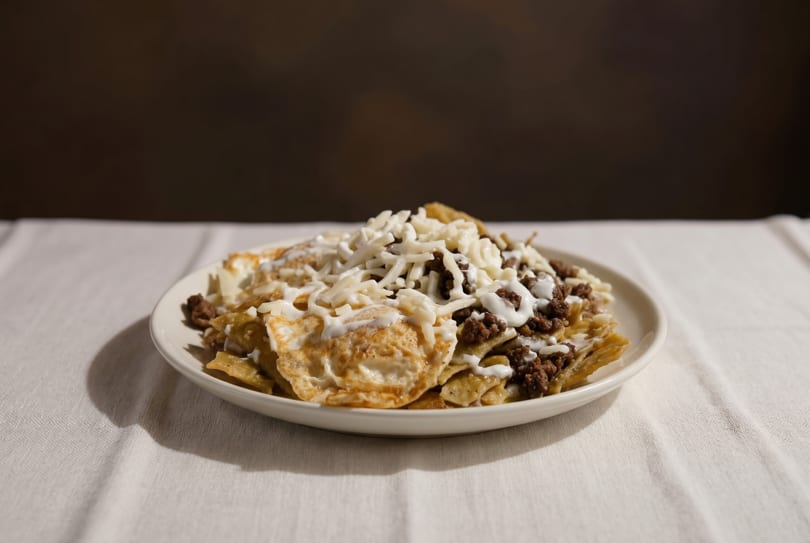 A plate of chilaquiles with shredded cheese, sour cream, and ground beef on a white tablecloth.